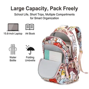 Cartoon cat print school backpack with large capacity for 15.6 inch laptop and A4 books