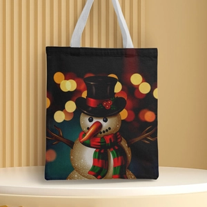 Detail of Christmas snowman print on a black canvas tote bag with white handles