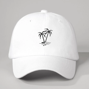 Classic white cotton baseball cap featuring black palm tree embroidery and curved brim
