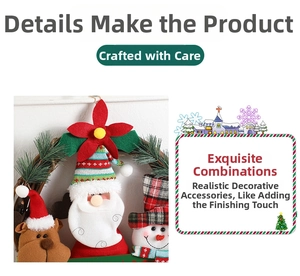 Detail of Christmas wreath with plush Santa, reindeer and snowman on a rattan base