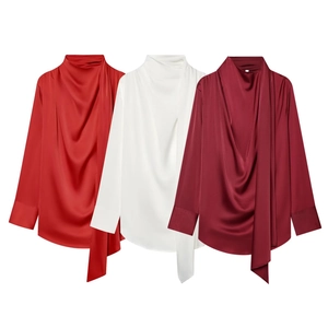 Satin Draped Neck Blouse Long Sleeve Scarf Tie Satin Like Office Work Shirt Elegant Solid Color Tops Women