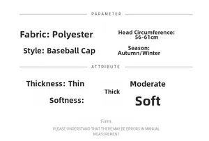 Size chart showing baseball cap dimensions with 56-61cm circumference and polyester fabric