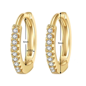 Detailed view of gold huggie earrings with micro-inlaid zircon and specific size markings
