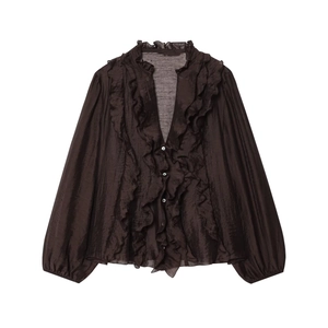 Dark brown sheer long-sleeve blouse with ruffles and button detail in loose fit