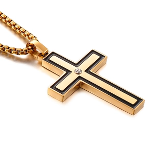 Men's fashion cross pendant necklace in gold and black stainless steel with box chain