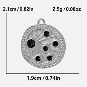 Detailed view of irregular 304 stainless steel pendant with black rhinestones and size specs