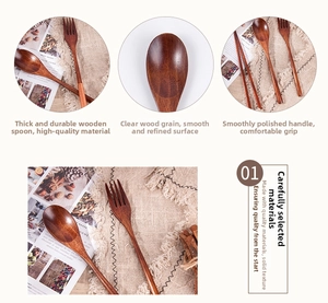 Detail shot of smooth polished nanmu wood spoon and fork with natural grain textures