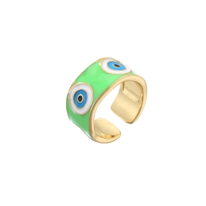 Close-up of green enamel evil eye open ring with gold plating and adjustable band