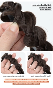Detail of adjustable brown braided headband showing pre and post processing width