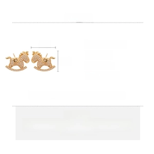 Detailed specs of gold horse-shaped earrings with white zircons and silver posts