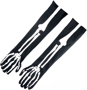 Close-up of long black cosplay gloves with white human skeleton bone print on stretchy fabric