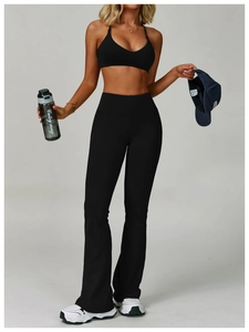 High waist flare yoga pants and sports bra set in matte black for workout sessions