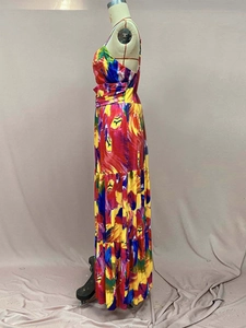 Detail of multi-color abstract print and tiered ruffle layers on a summer maxi dress