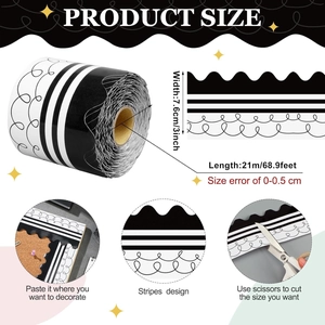 Black and white wavy border stickers for classroom bulletin boards, 3in x 69ft roll