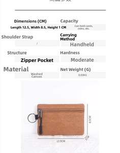 Detailed size chart of the brown canvas coin purse with zipper and metal keychain ring