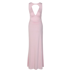Detailed view of pink V-neck dress featuring hollow-out chest design and pleated waist