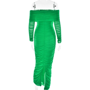 Detail view of green mesh off-shoulder dress with ruched texture and side slit
