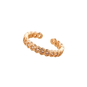 Adjustable gold plated open ring featuring a row of hexagonal set clear cubic zirconia