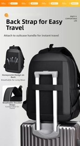 Detail of laptop backpack with luggage strap and honeycomb breathable mesh back padding