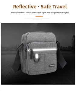 Detail of grey oxford messenger bag featuring a reflective safety strip and brand logo