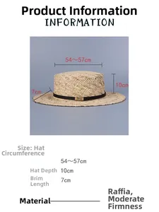 Size chart showing 54-57cm circumference of a flat top raffia sun hat for women
