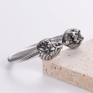 Men's punk stainless steel twisted wire lion head open cuff bracelet in antique silver