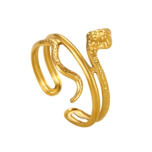 Detailed macro view of golden snake-shaped open ring featuring fine textured scales