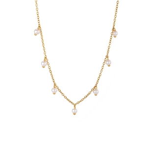 Minimalist gold stainless steel chain necklace with seven white pearls for women