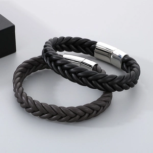 Men's braided leather bracelet with stainless steel magnetic clasp in black and brown