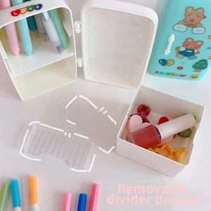 Detail of white refrigerator pen holder showing removable dividers and small drawers