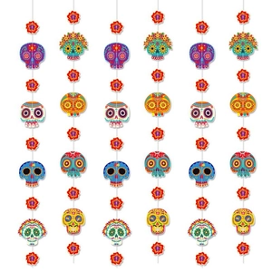 Vibrant Day of the Dead hanging decorations with colorful skulls and flowers for party decor