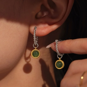 Luxurious 18K gold plated twisted hoop earrings featuring green agate stone pendants