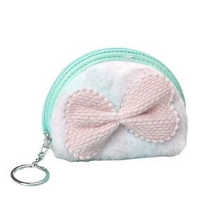Semi-circular white plush coin purse with pink bow and green trim, featuring keychain