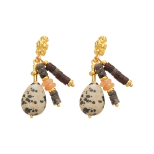 Ethnic style gold drop earrings with dalmatian stone and colorful beaded tassels