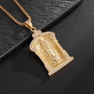 Polished 18K gold plated Saint Mary pendant necklace with rhinestones for men