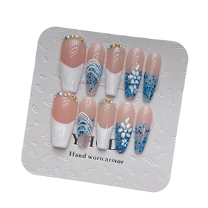 Extra long French blue and white coffin press on nails with 3D floral accents