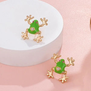 Cute green enamel frog stud earrings with pink crystal eyes and heart zircon accent