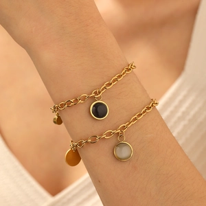 Stainless Steel Bracelet With Cat Eye Stone And Rhinestone Gold Plated Round Geometric Jewelry For Women