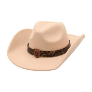 Classic beige western felt cowboy hat featuring a brown leopard head metal buckle band