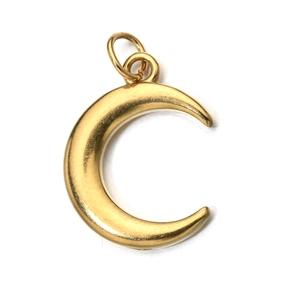Minimalist golden moon shaped stainless steel pendant charm on white background