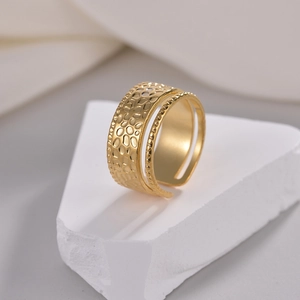 Adjustable golden hammered titanium steel double ring with textured beads and open design