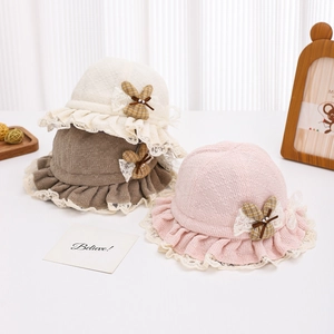 Baby Girl Knit Bucket Hat Lace Ruffle Princess Sun Basin Cap With Bow Rabbit Decoration For Infants Toddlers