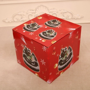 Detailed view of red Christmas music box featuring festive snowy house illustrations