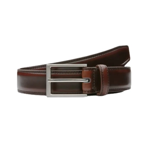 Brown leather men belt with silver rectangle pin buckle and double-row stitching on white background
