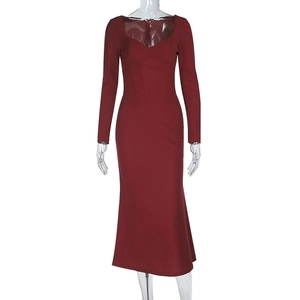 Close-up of dark red long sleeve dress with structured corset boning and sweetheart neck