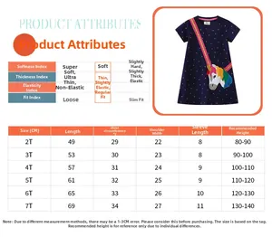 Detailed size guide for girls short-sleeved embroidered unicorn dress with star patterns