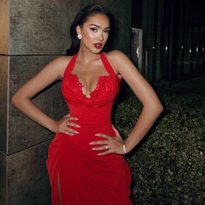 Sexy red halter neck dress with lace floral details and high slit for evening parties