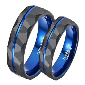 Tungsten carbide rings with black frosted facets and blue plated inner band for couples