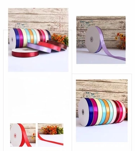 Close-up of colorful decorative polyester ribbons with gold edges for gift wrapping