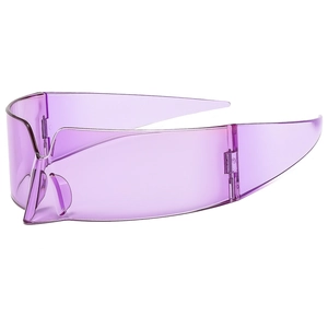 Y2K futuristic purple translucent wrap-around visor sunglasses with streamlined frame